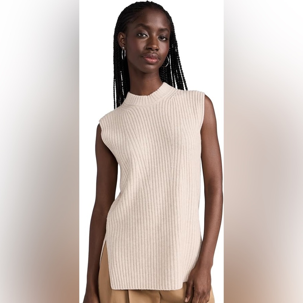 Vince Beige‎ Ribbed Wool Cashmere Blend Sleeveless Mock Neck Top Size XS
